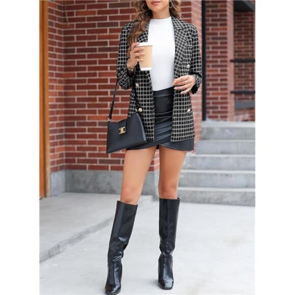 Women's Plaid Tweed Blazer Long Sleeve Double Breasted Open Front Jacket Suit - Picture 3 of 8